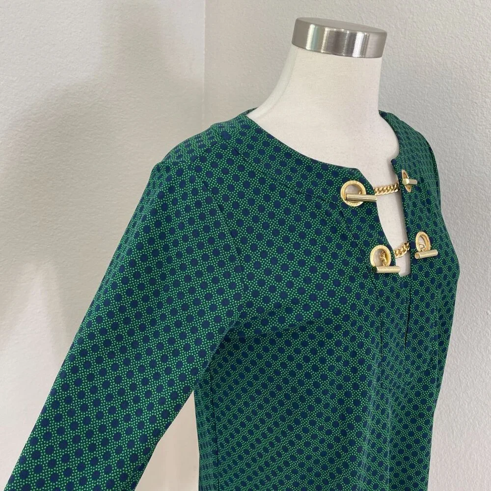 Michael Kors Womens Medium Green‎ Navy Polka Dot Tunic Top Gold Chain Detail